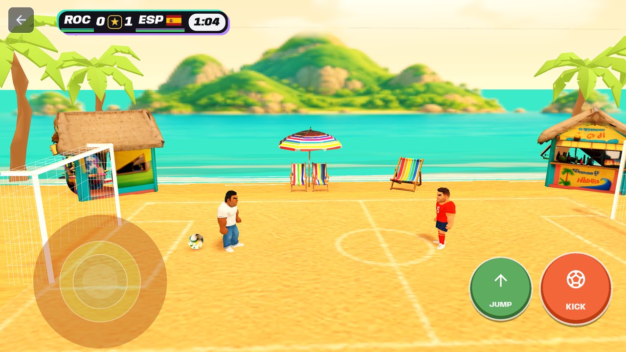 Un match de beach soccer dans Soccer Battle, avec la mer, les palmiers et les paillotes