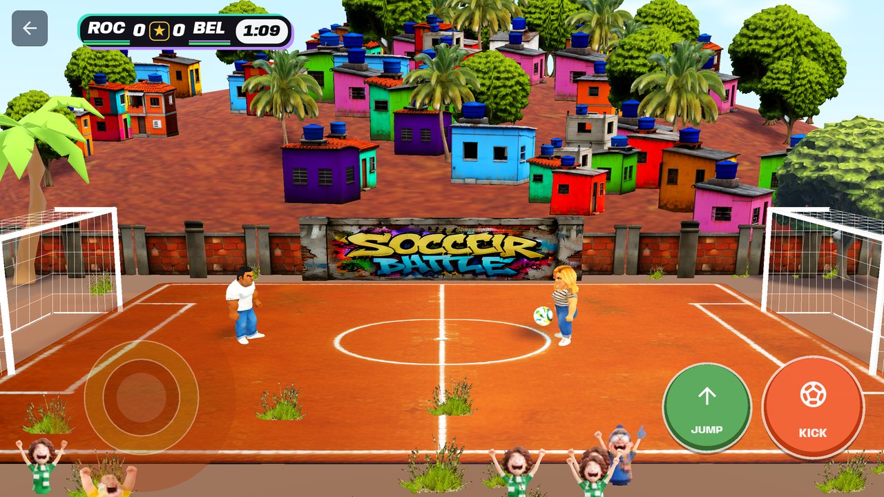 Un match 1v1 sur le terrain en terre battue de la favela dans le jeu Soccer Battle