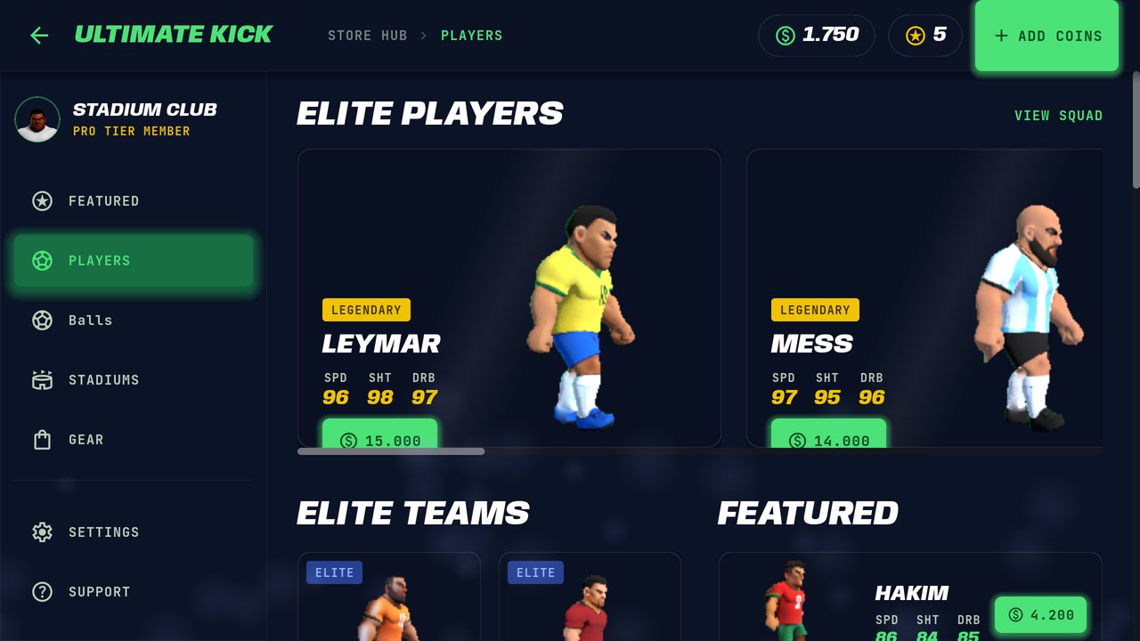 La boutique de joueurs et de ballons du jeu de foot Soccer Battle