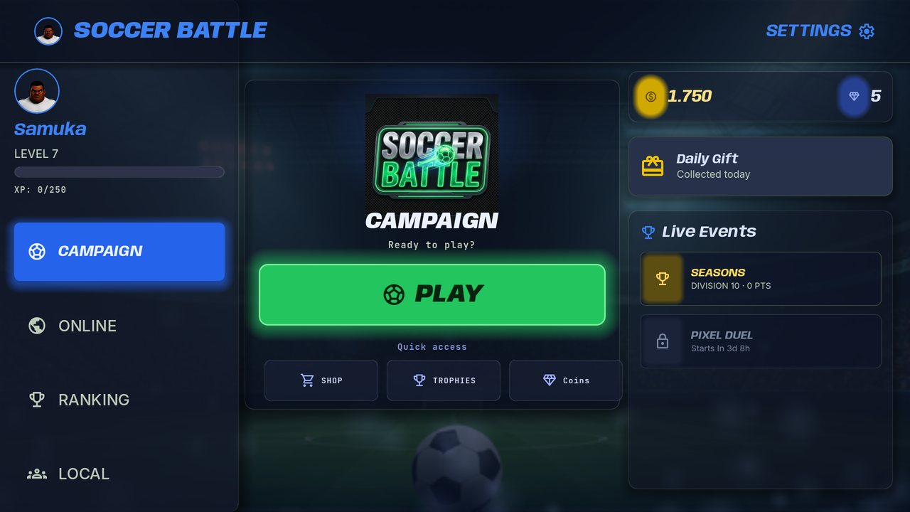 Le menu de Soccer Battle avec la campagne, le mode en ligne, le classement et le jeu local