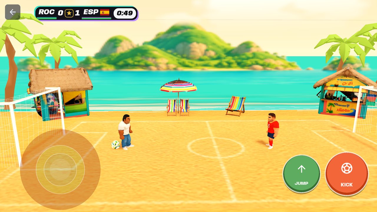 Du beach soccer avec la mer et les palmiers dans Soccer Battle